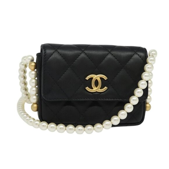 CHANEL Matelasse Pearl Shoulder Bag Lamb Skin Black Gold CC Auth - Picture 2 of 16